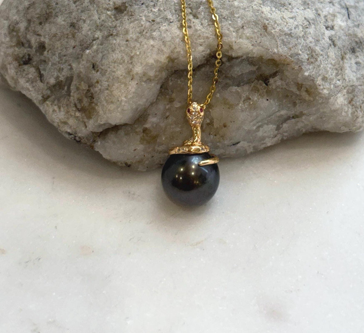 Tahitian chocolate pearl sterling silver pendant with detailed snake design