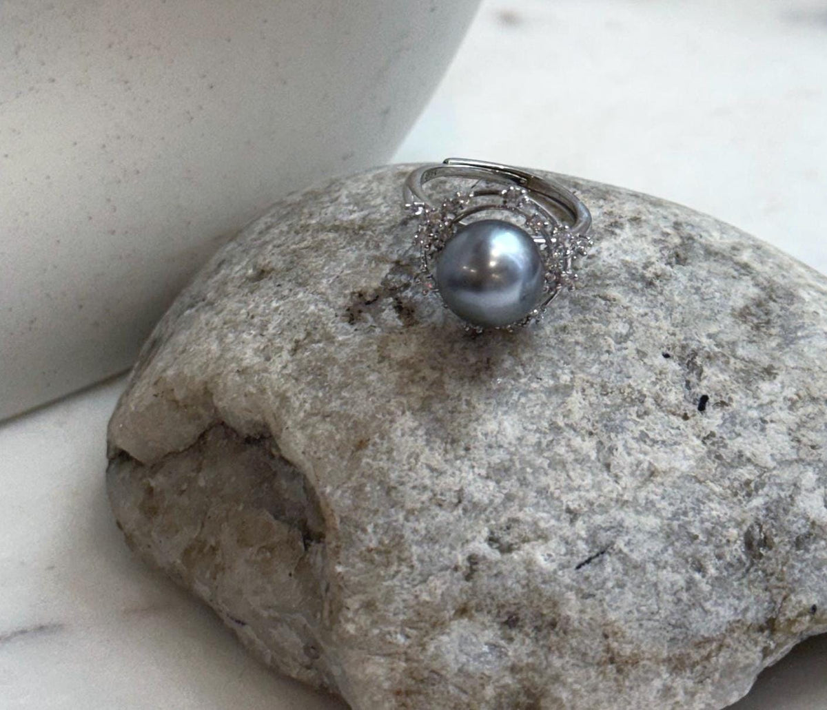 Genuine Tahitian platinum pearl adjustable ring in S925 sterling silver