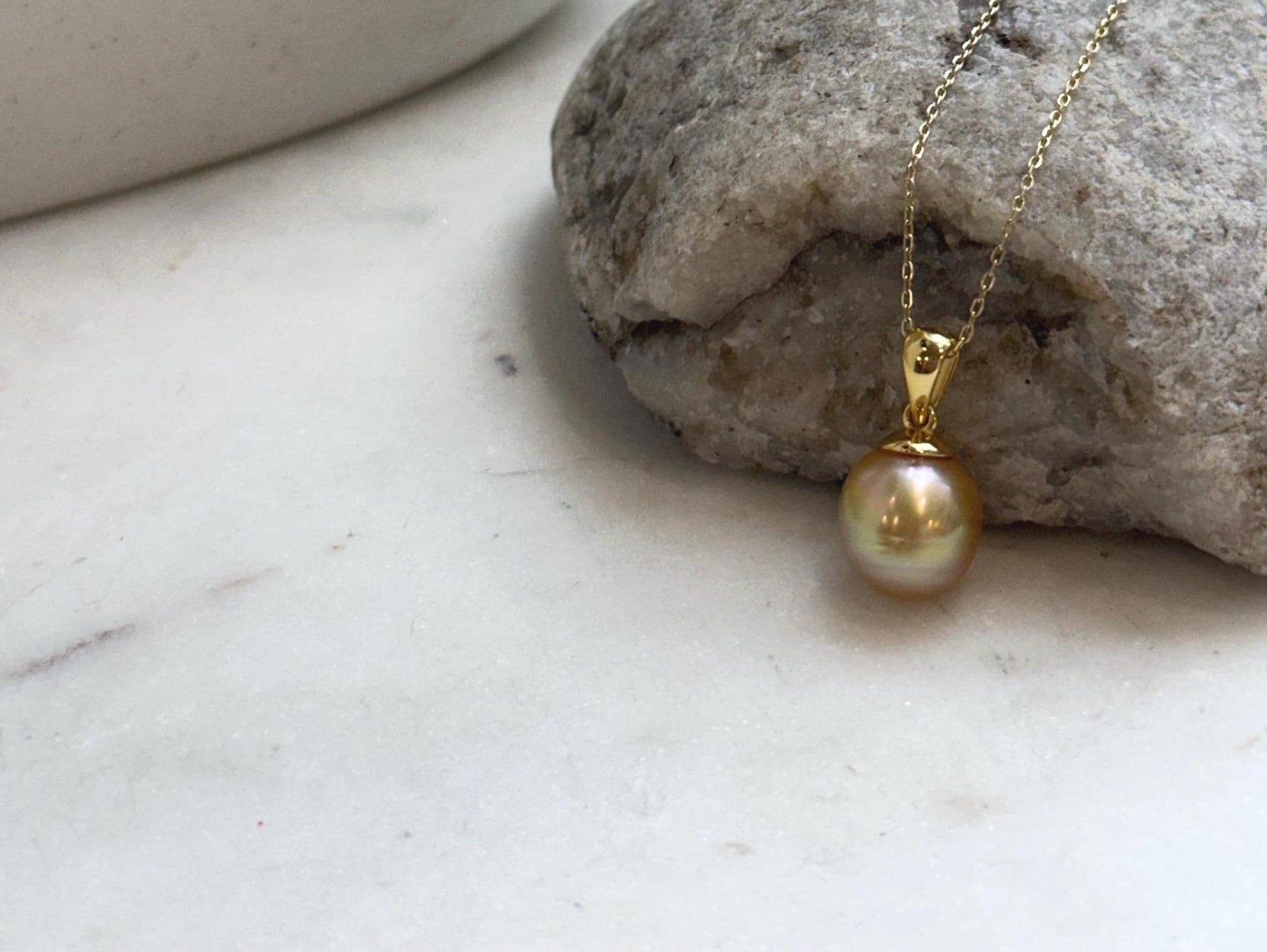 Genuine South Sea ocean pearl necklace pendant with deep golden tea tone and minimalist silver design