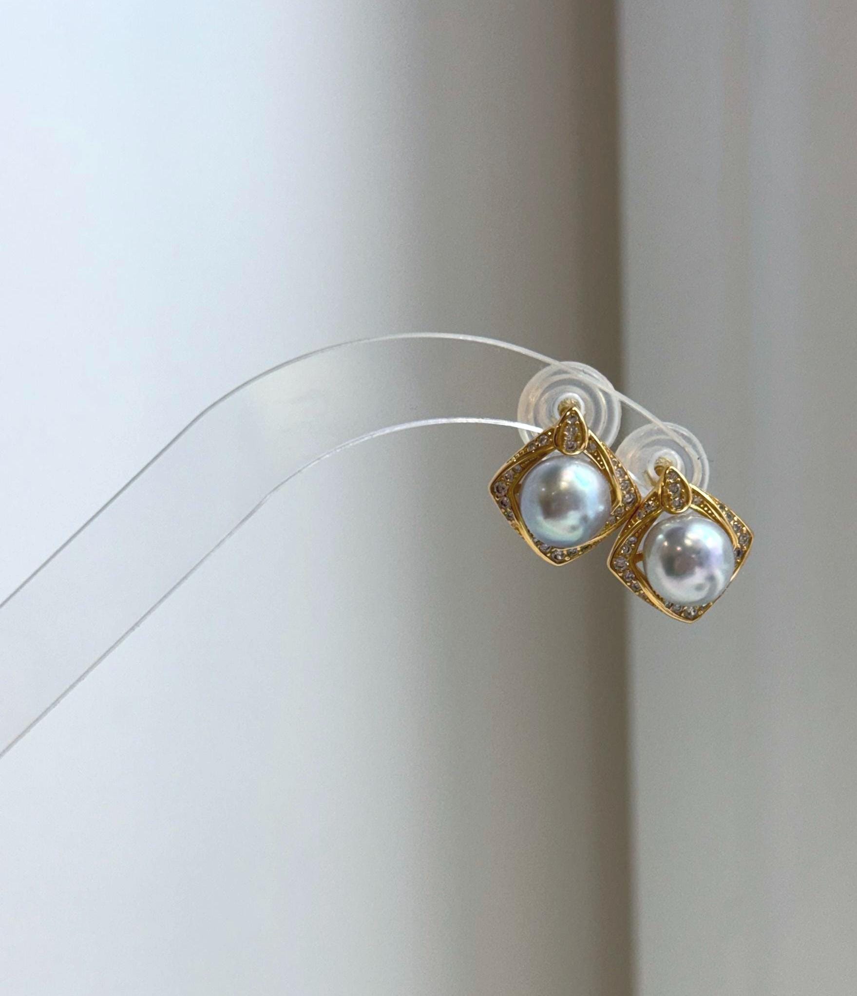 8.4mm Akoya ocean blue silver saltwater pearl earrings with beautiful mirror luster