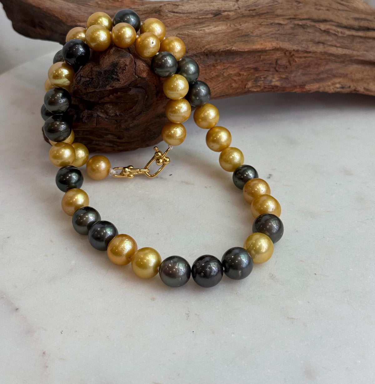 Hand knotted Tahitian and Edison pearl necklace with elegant mixed pearl colors