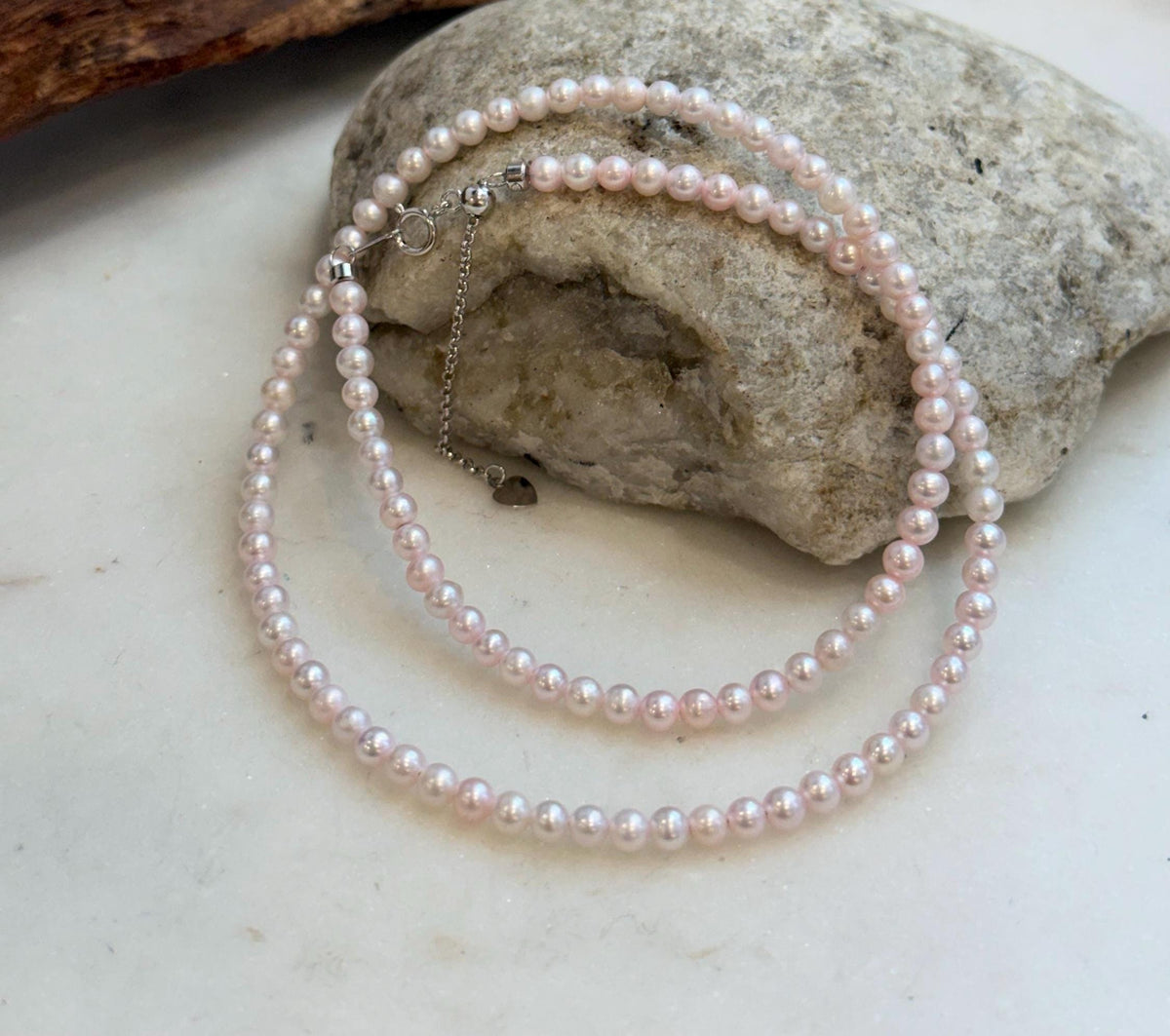 Elly’s Pale Pink Small Pearls Necklace Strand: Extreme luster mirrored,3.7-3.9mm, 17.7”, S925 silver necklace.