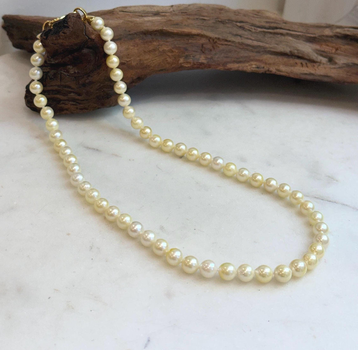 Elly’s 7–7.5mm Japanese Akoya Golden Pearl Necklace | 57 Genuine Saltwater Pearls | Extreme Mirror Luster | 18.4” Knotted | S925 Silver