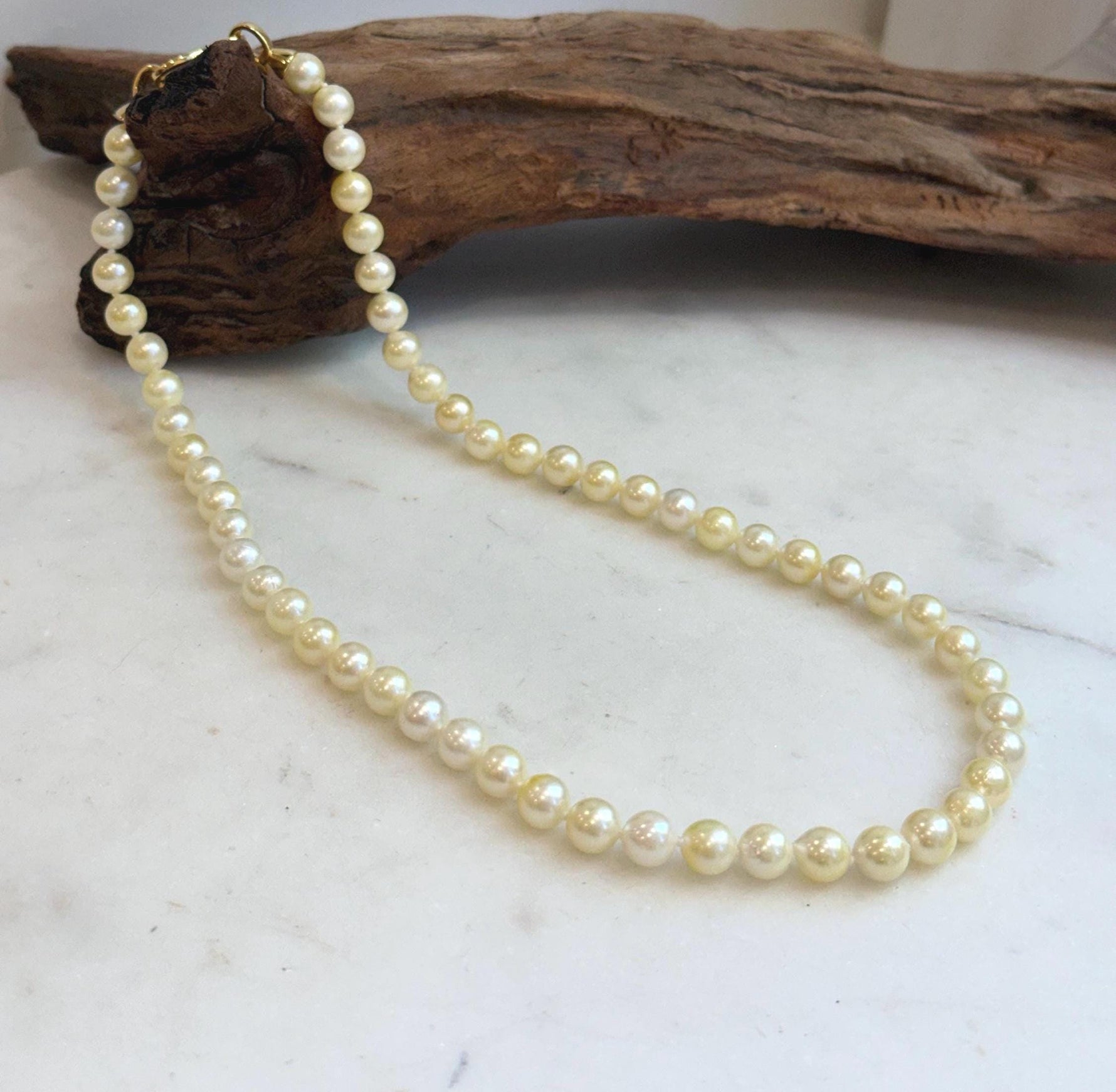 Elly’s 7–7.5mm Japanese Akoya Golden Pearl Necklace | 57 Genuine Saltwater Pearls | Extreme Mirror Luster | 18.4” Knotted | S925 Silver