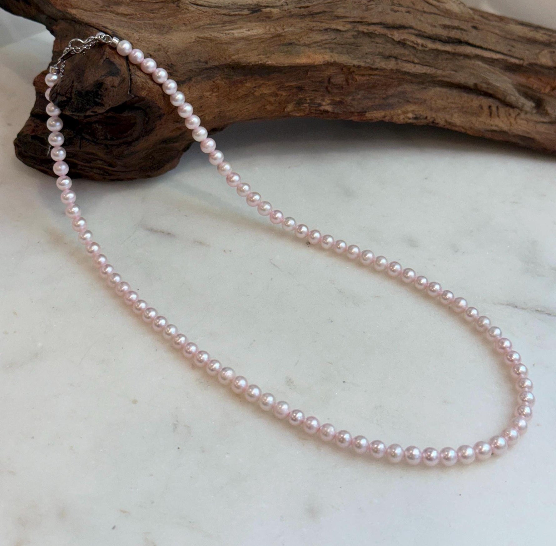 Delicate small pink pearl necklace in 17.7 inch length