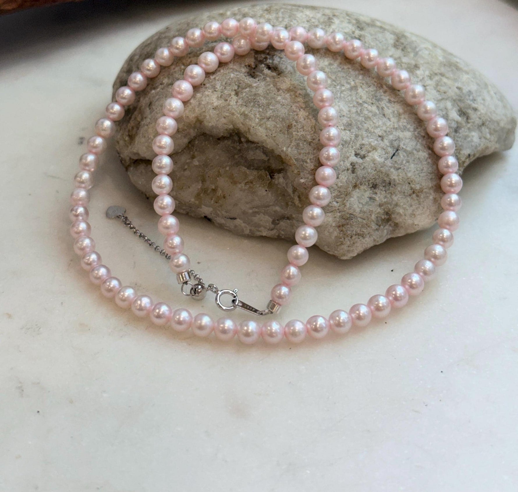Elly’s Pale Pink Small Pearls Necklace Strand: Extreme luster mirrored,4.6-5mm, 17.7”, S925 silver necklace.