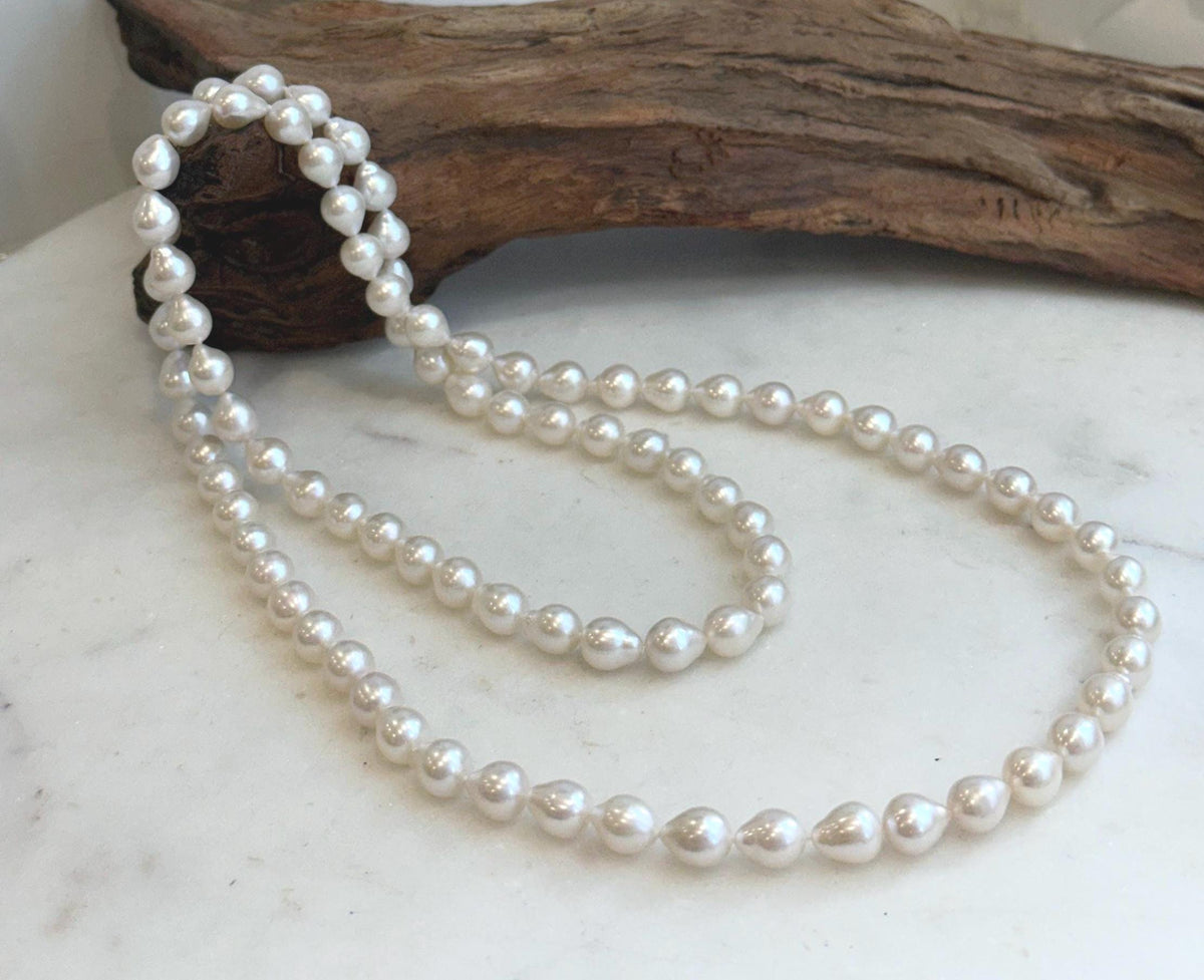 Elly’s 33.2” White Iridescent Drop Pearl Necklace | 7.5–8mm Genuine Pearls | Mirror Luster | Knotted | S925 Sterling Silver