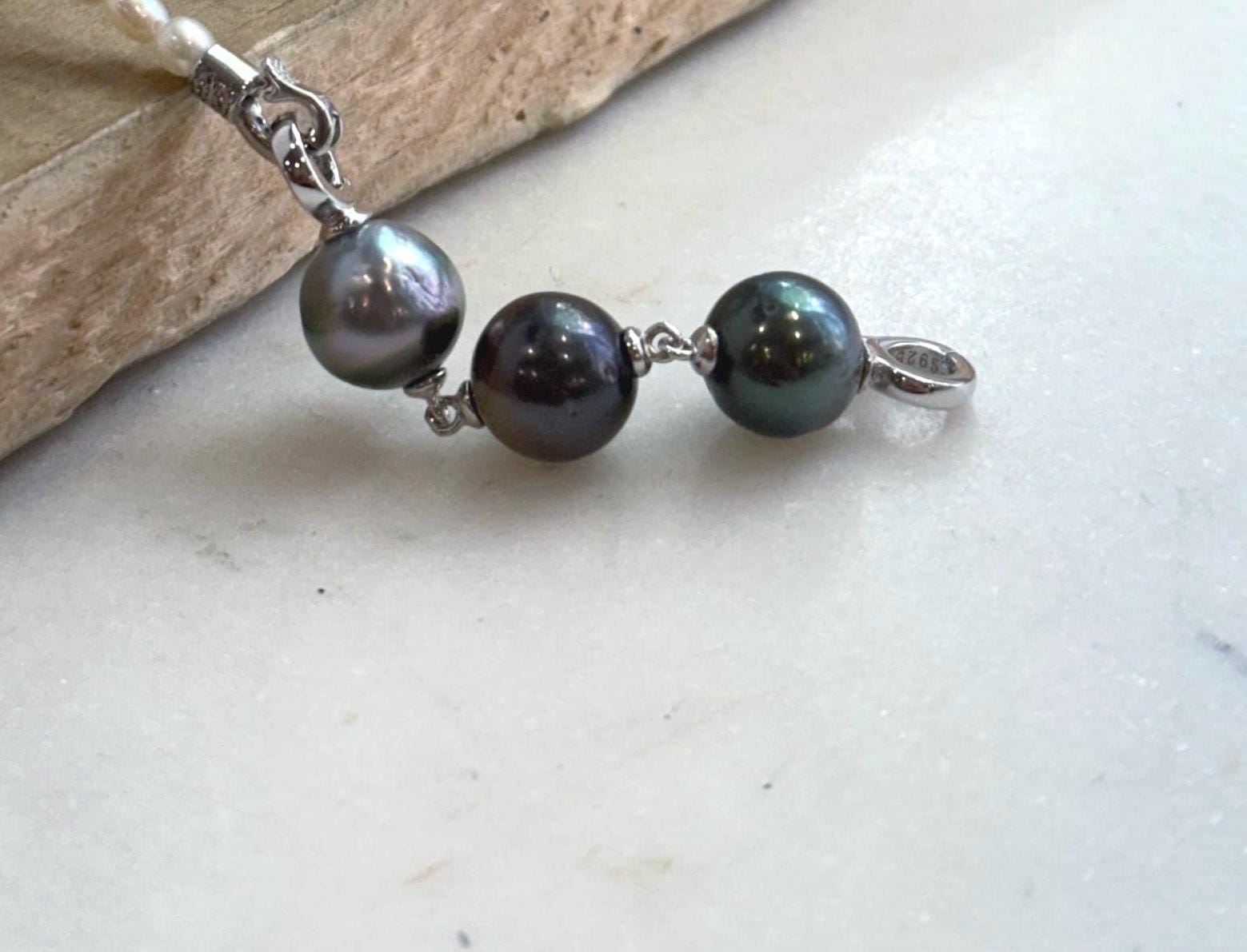 3pcs Tahitian pearl necklace extender with peacock, chocolate and hunter green pearls.