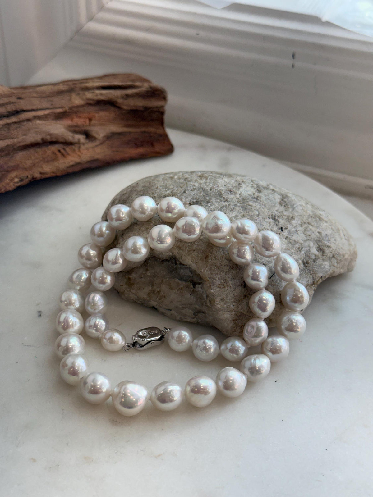 Elly’s 7.7–10.3mm White Silver Freshwater Pearl Necklace Choker | Extreme Mirror Luster | Hand Knotted | 17.4” | S925 Silver
