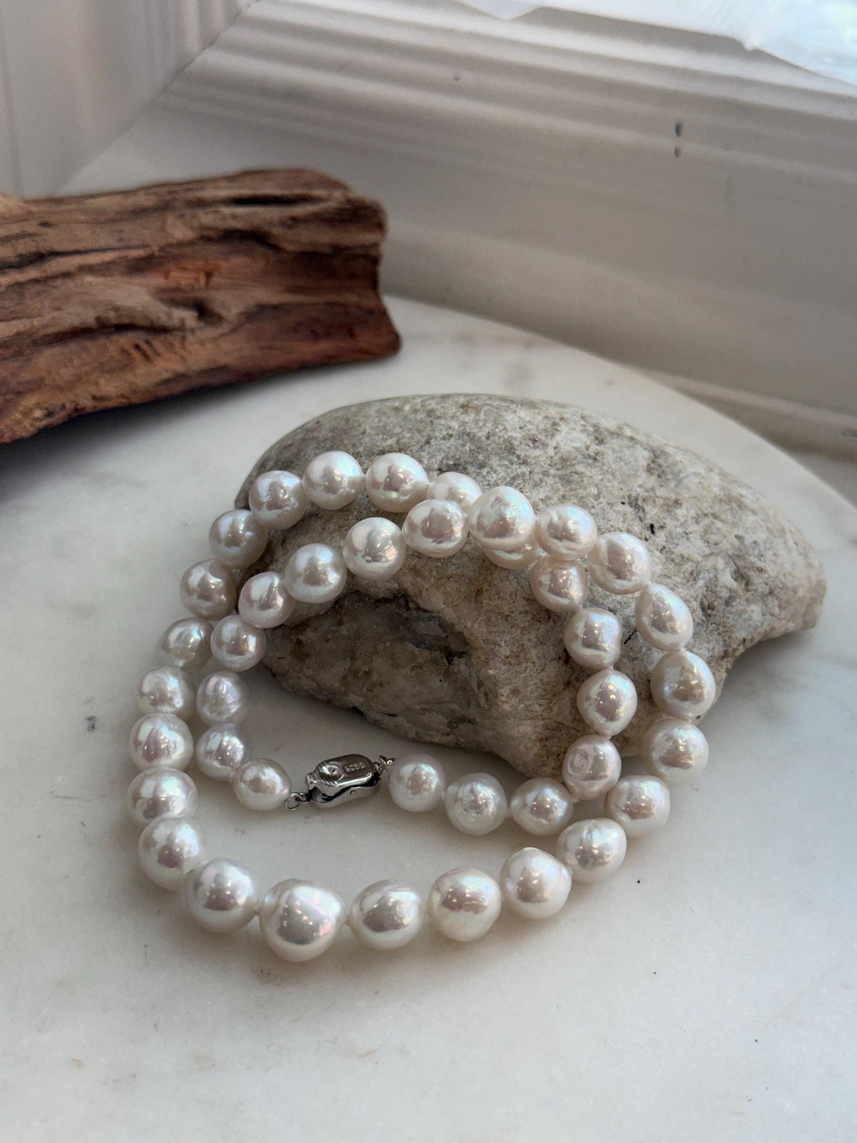 Elly’s 7.7–10.3mm White Silver Freshwater Pearl Necklace Choker | Extreme Mirror Luster | Hand Knotted | 17.4” | S925 Silver
