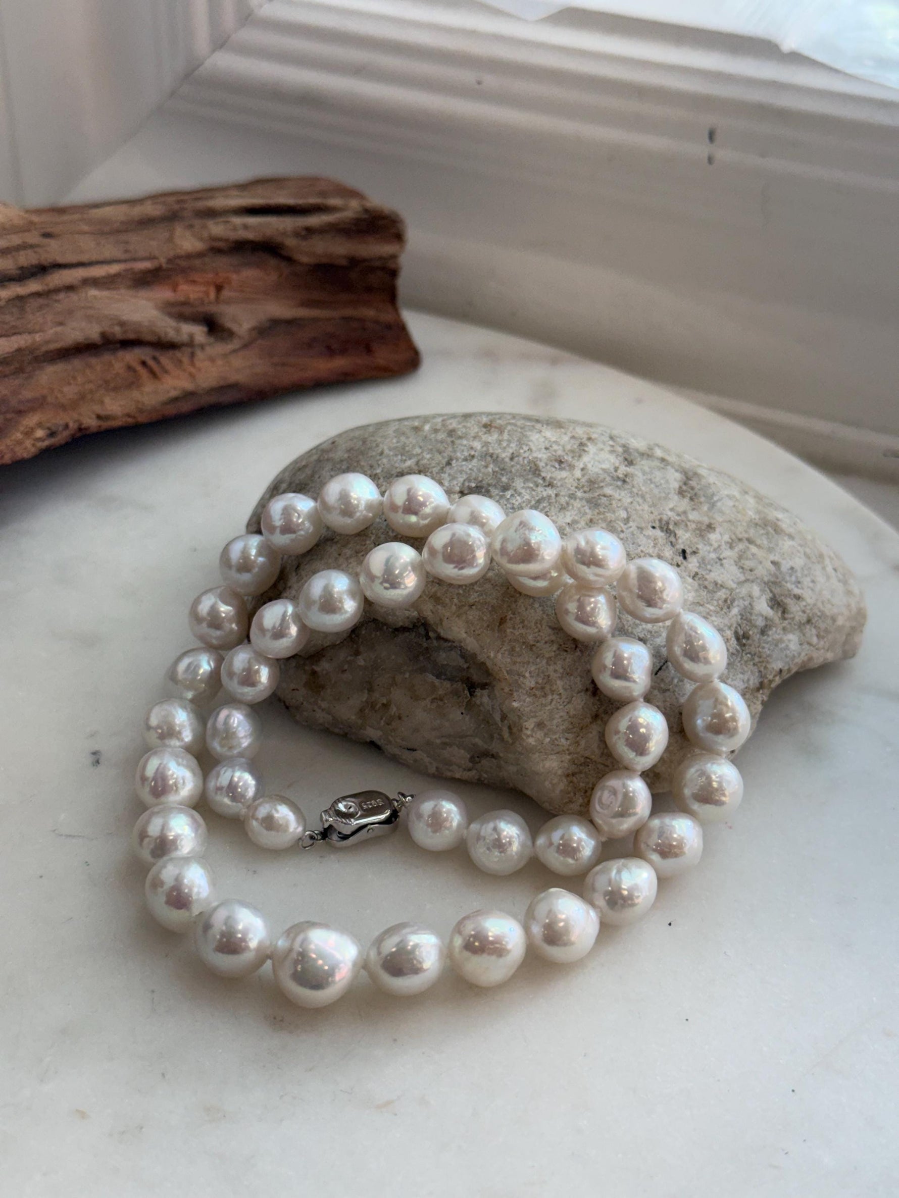 Elly’s 7.7–10.3mm White Silver Freshwater Pearl Necklace Choker | Extreme Mirror Luster | Hand Knotted | 17.4” | S925 Silver