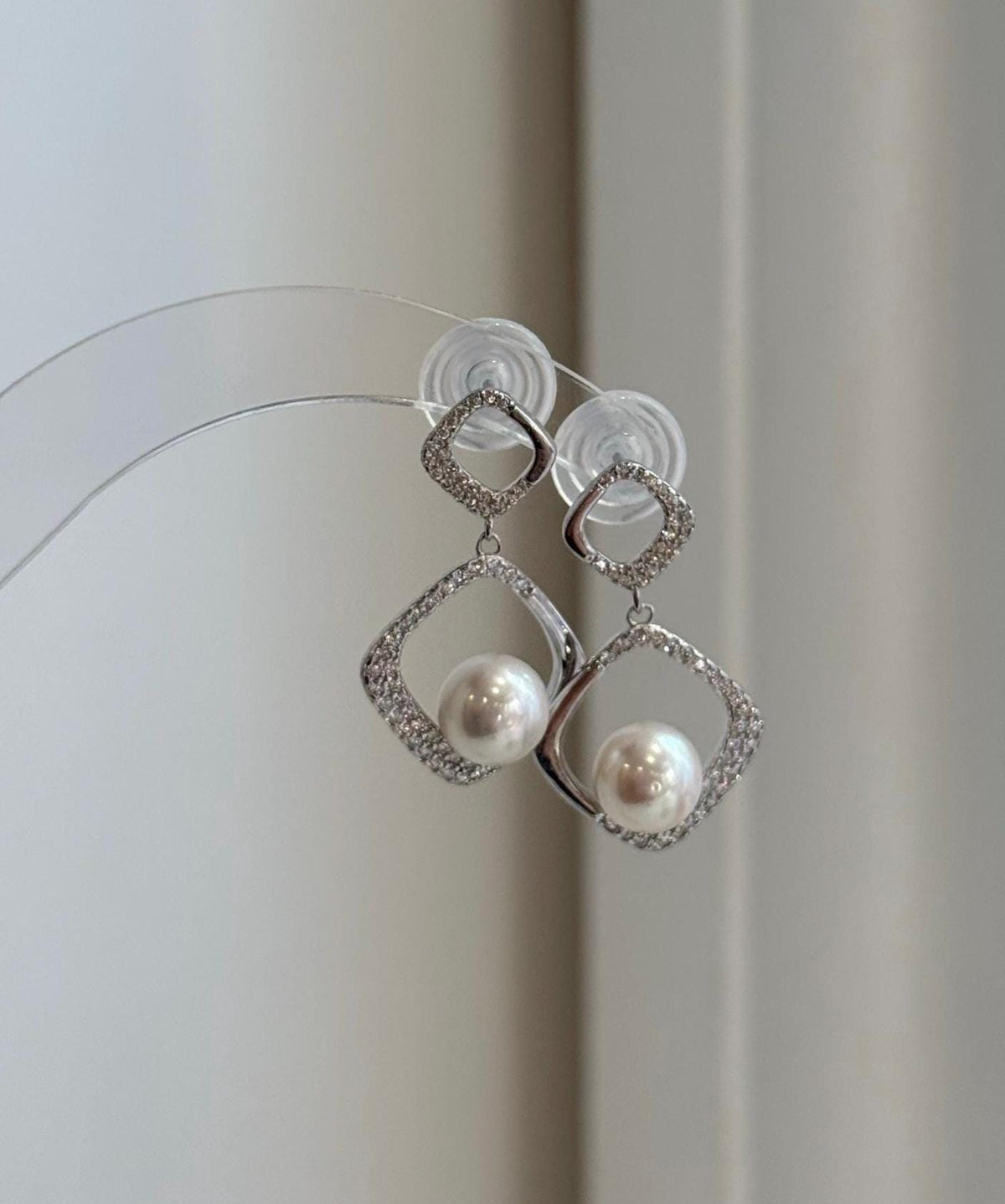 Freshwater white pearl geometric drop earrings with extreme mirror luster and sparkling S925 sterling silver settings