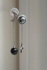 Mirror luster Tahitian pearl star moon earrings in S925 sterling silver with beautiful platinum hunter color