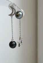Celestial star and moon earrings with genuine Tahitian ocean pearls and extreme reflective mirror luster