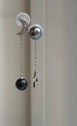Platinum hunter Tahitian pearl earrings with S925 sterling silver star and moon jewelry design