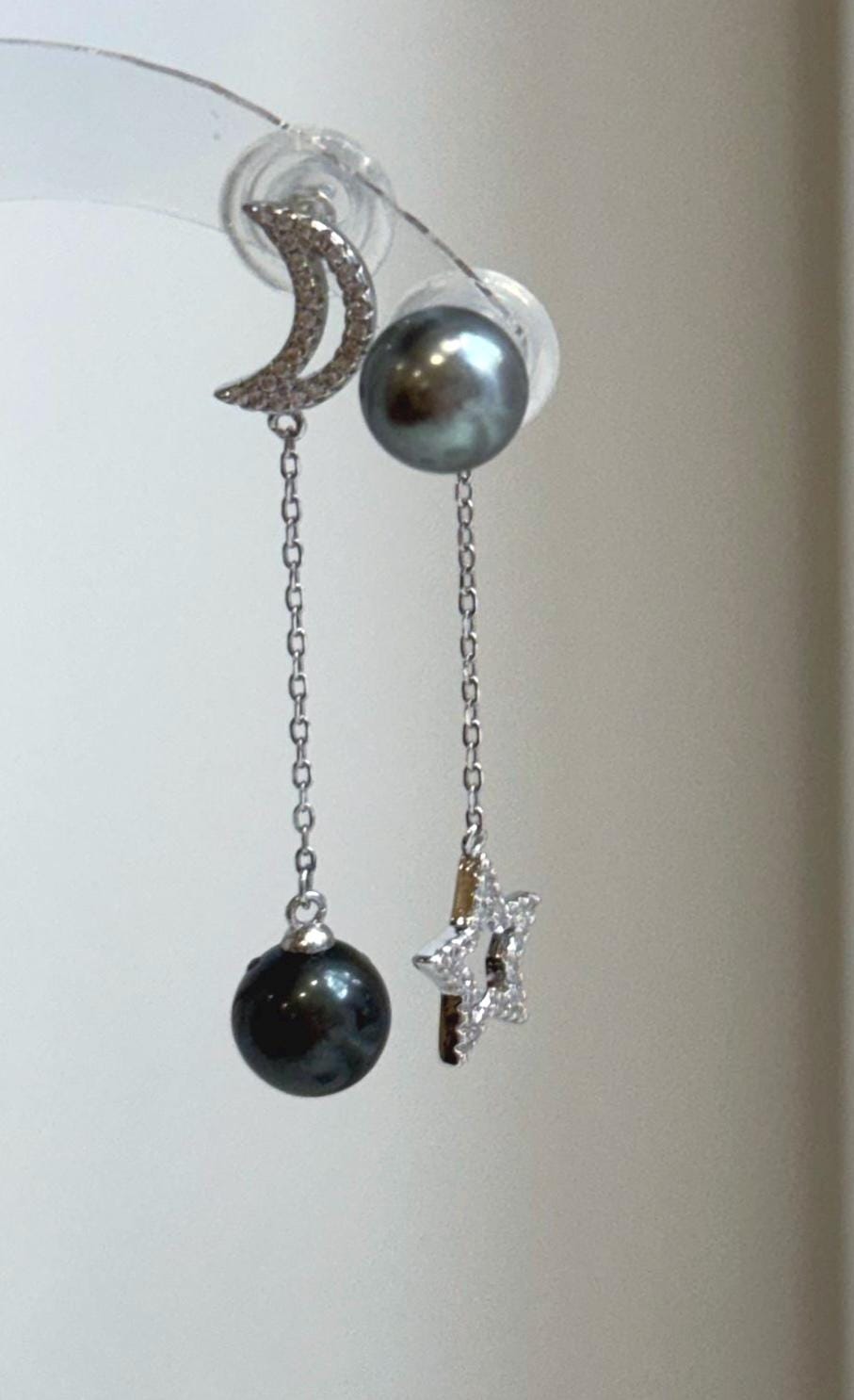 Unique Tahitian saltwater pearl earrings with celestial star moon design, mirror luster and S925 sterling silver