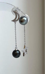 Unique Tahitian saltwater pearl earrings with celestial star moon design, mirror luster and S925 sterling silver