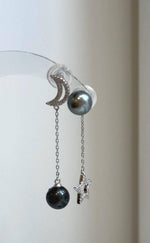 Genuine saltwater Tahitian pearl celestial earrings with rich platinum hunter color and metallic luster