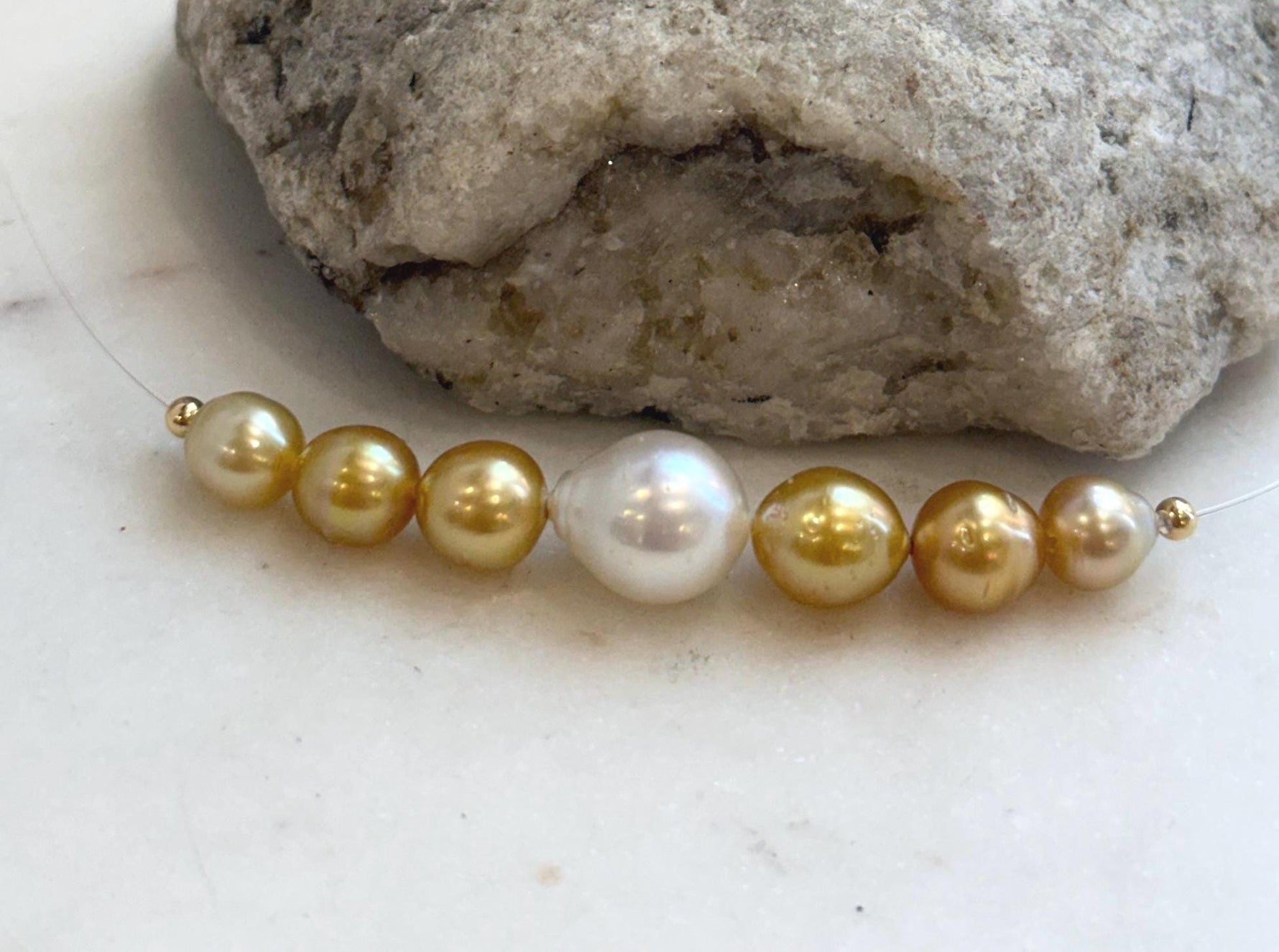 Minimalist South Sea ocean pearl necklace with 7 graduated pearls and elegant 18.5 inch length