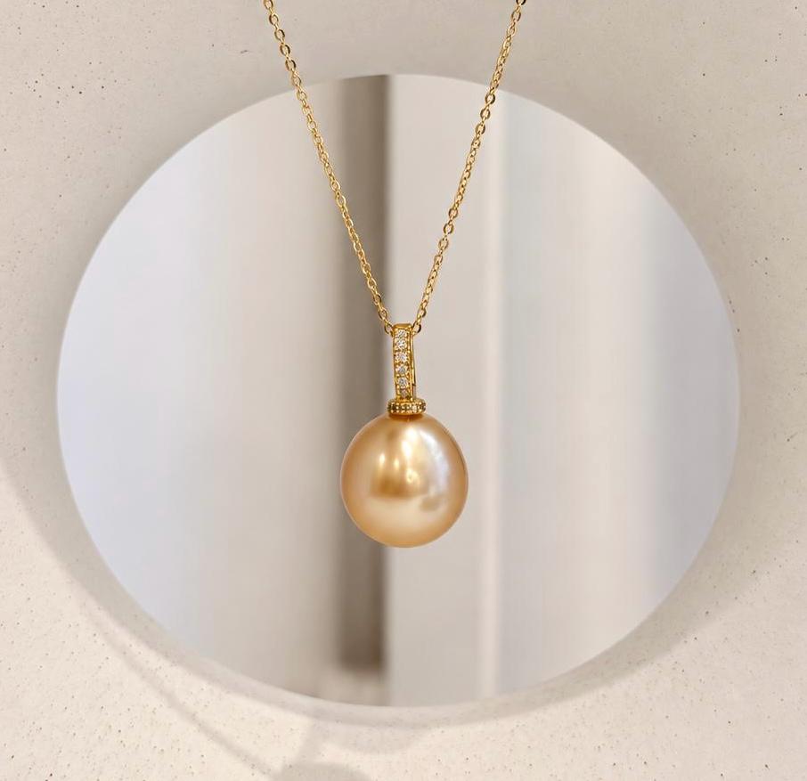 Elly’s 13.4x14.7mm South Sea Deep Tea Gold Pearl Pendant | Genuine Saltwater Ocean Pearl | Extreme Mirror Luster | S925 Sterling Silver