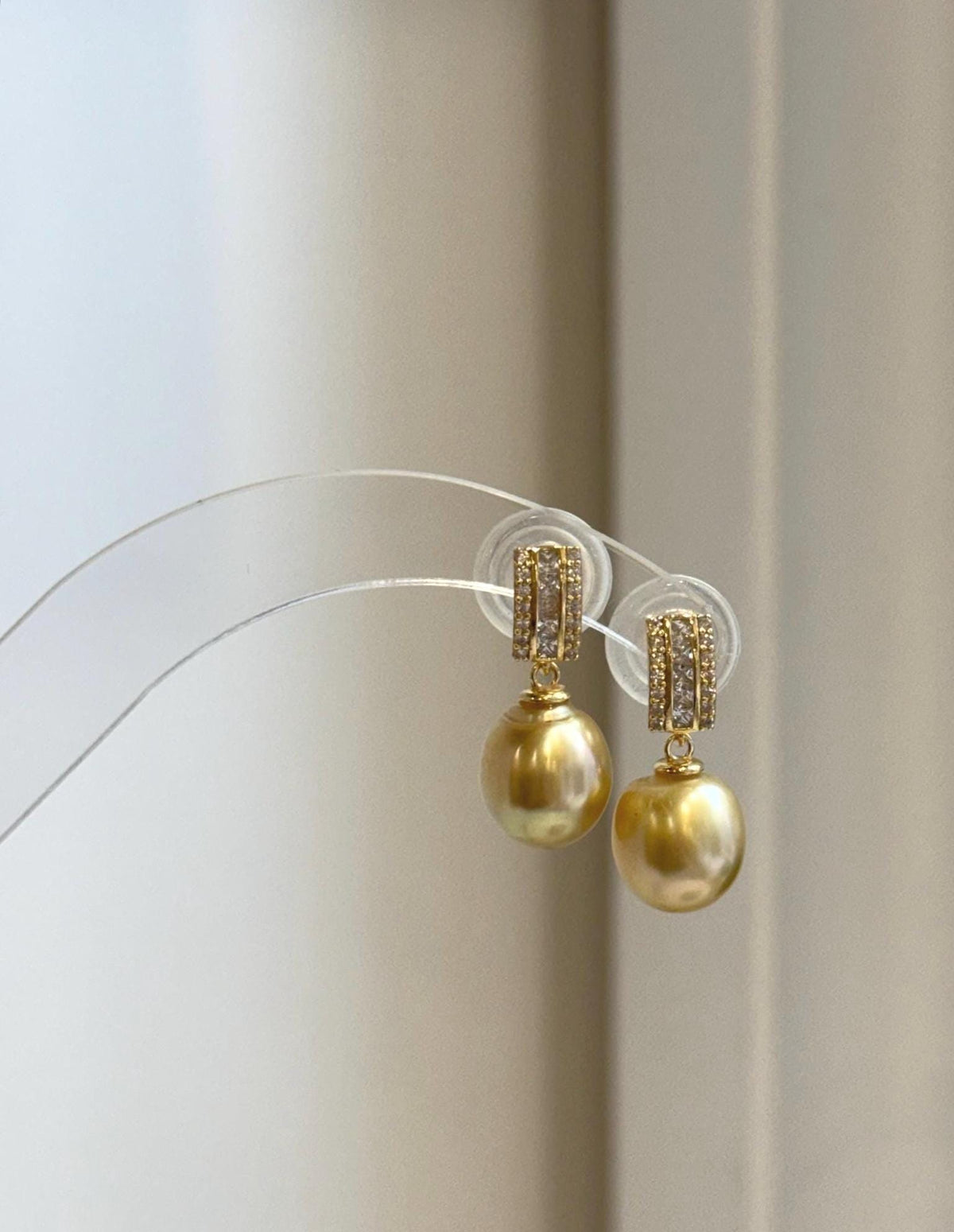 9.4mm South Sea deep tea golden pearl drop earrings with elegant geometric tops