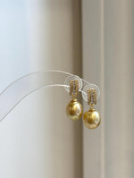 Deep tea golden South Sea pearl dangle earrings with brilliant luster