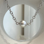 Natural saltwater white pearl necklace with modern circular link silver chain