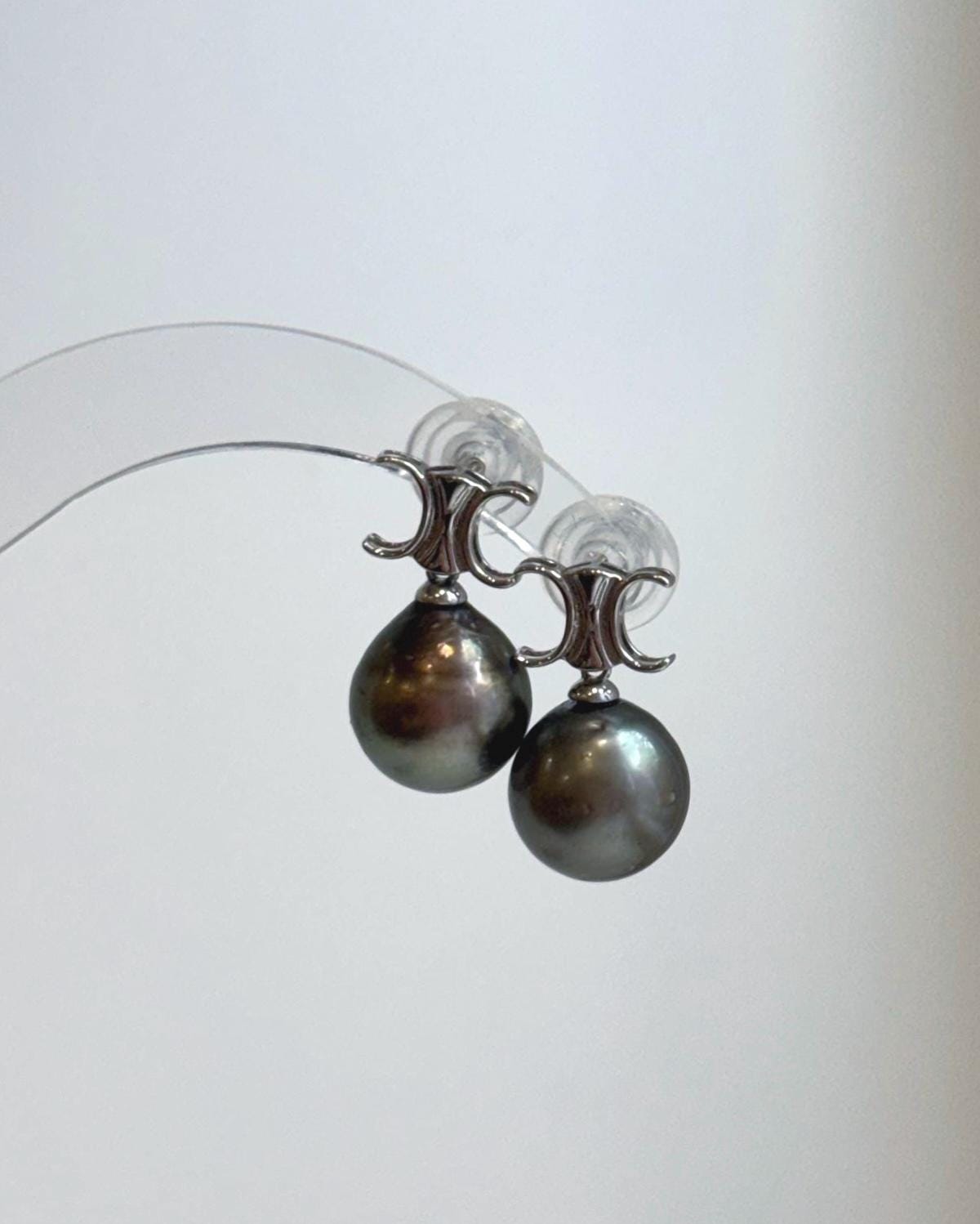 Genuine saltwater Tahitian pearl drop earrings with elegant sterling silver setting