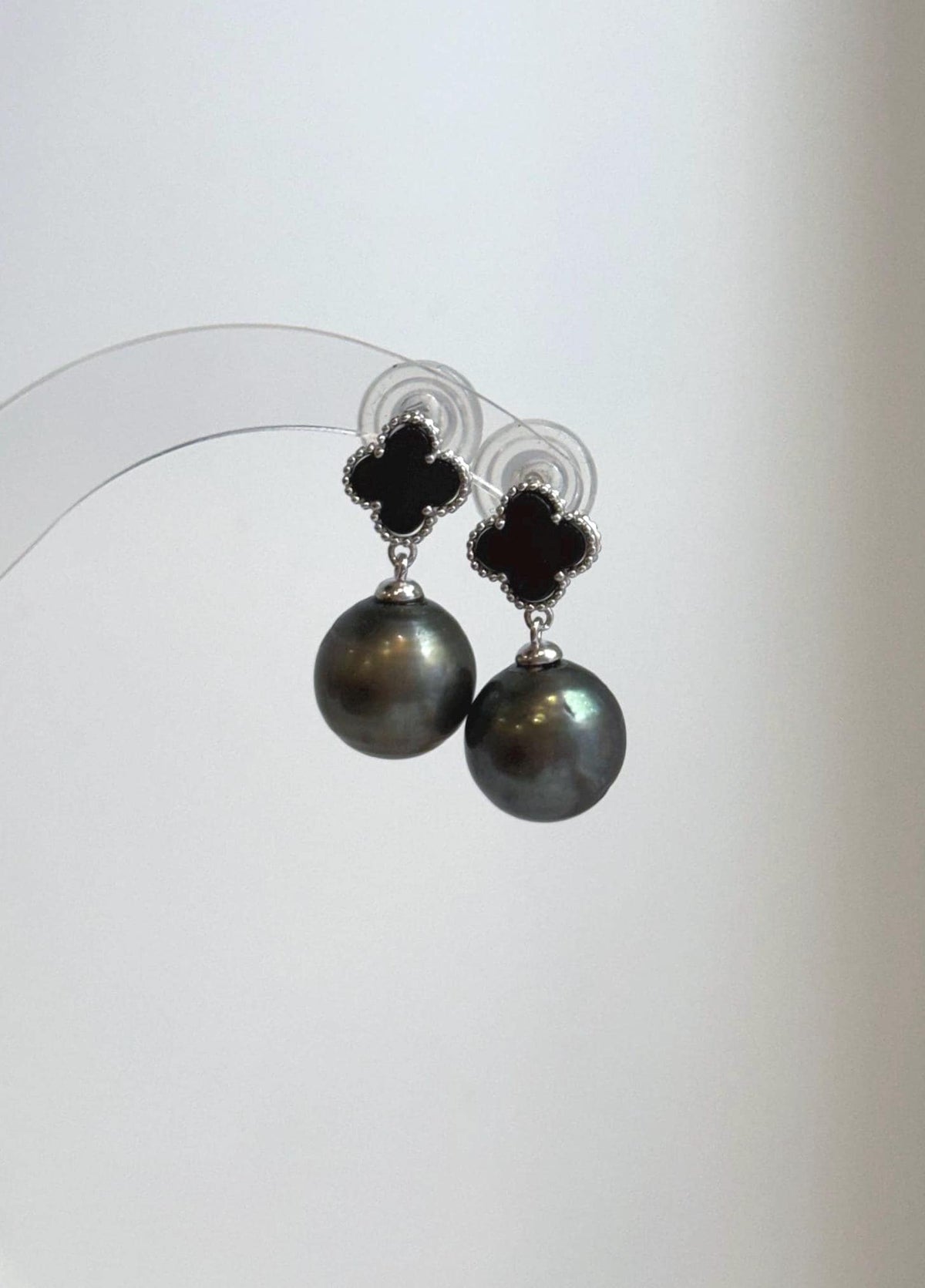 Genuine saltwater Tahitian pearl drop earrings with platinum black color