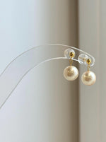 Classic round ivory pearl dangle earrings in real 18K gold