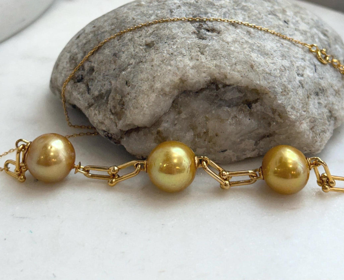 Chartier 3pcs 13.2-13.8mm Edison Golden Pearl Satellite Necklace | Genuine Saltwater Pearls | Extreme Mirror Luster | S925 Silver | 18.9”