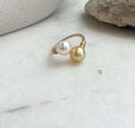 Two-pearl statement ring with genuine golden freshwater pearls and intense mirror luster.