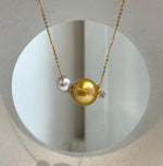 18K gold double pearl floating pendant necklace with Edison and Akoya pearls