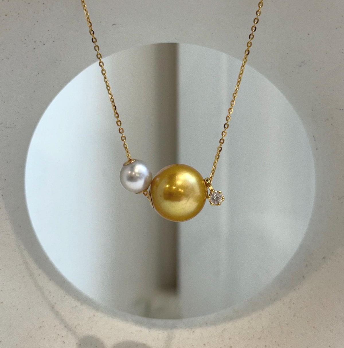18K gold double pearl floating pendant necklace with Edison and Akoya pearls