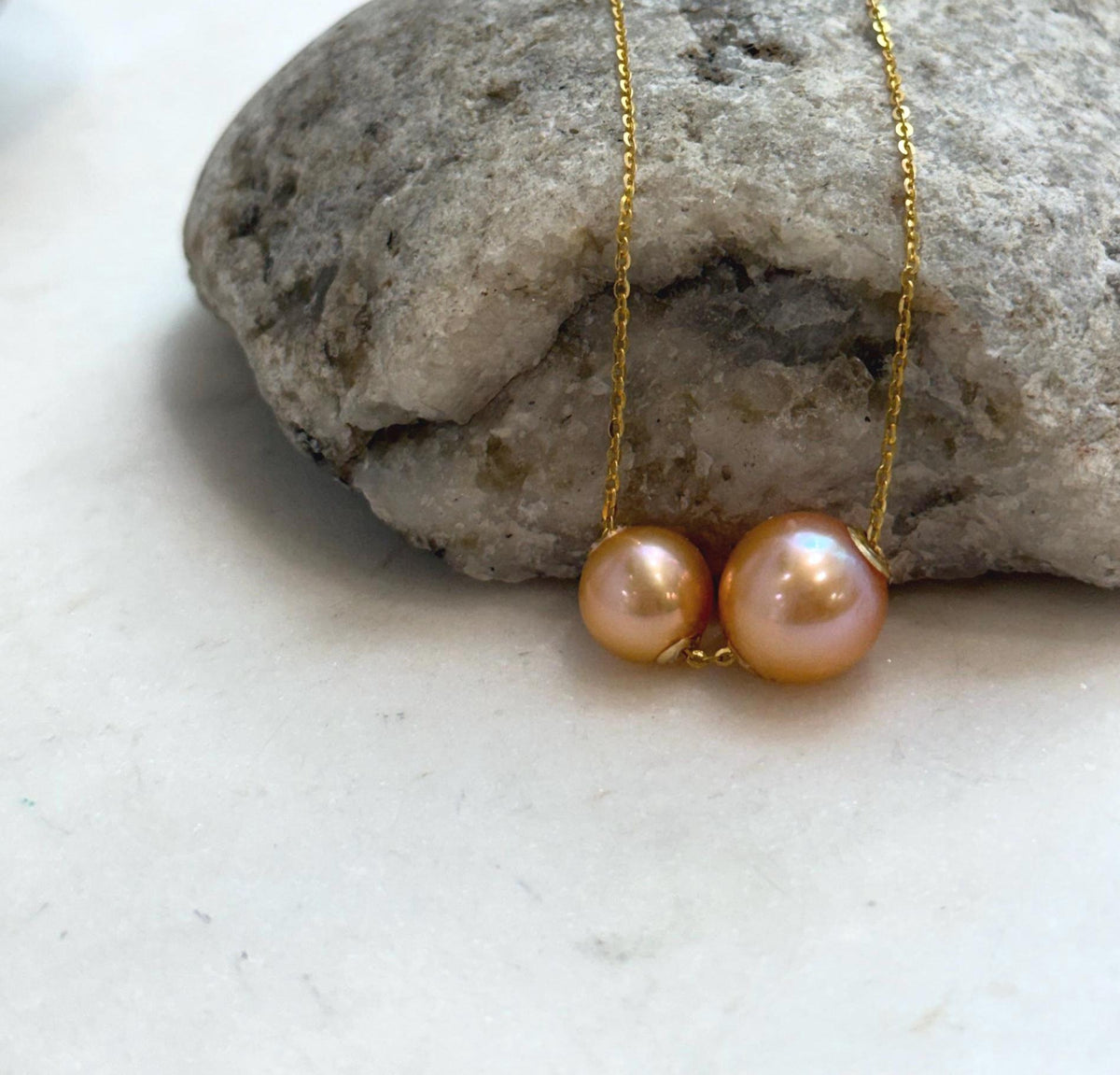 18K gold floating pendant with two genuine sunset gold Edison pearls on an S925 silver chain