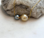 Double pearl floating pendant with genuine Tahitian and South Sea deep golden saltwater pearls