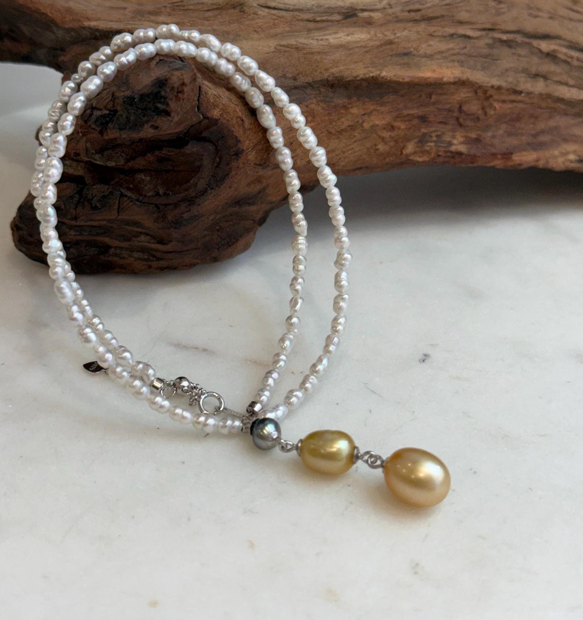 Unique multicolor pearl necklace with Tahitian Keshi golden and white pearls