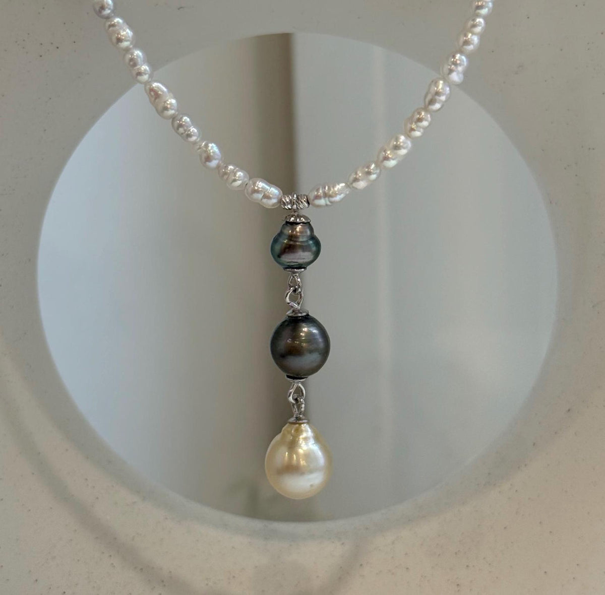 Elly’s 3pcs Tahitian Keshi & South Sea Golden Pearl Drop Necklace | 6.6-9.2mm Genuine Pearls | Mini White Pearl Strand | S925 Silver | 18.1”