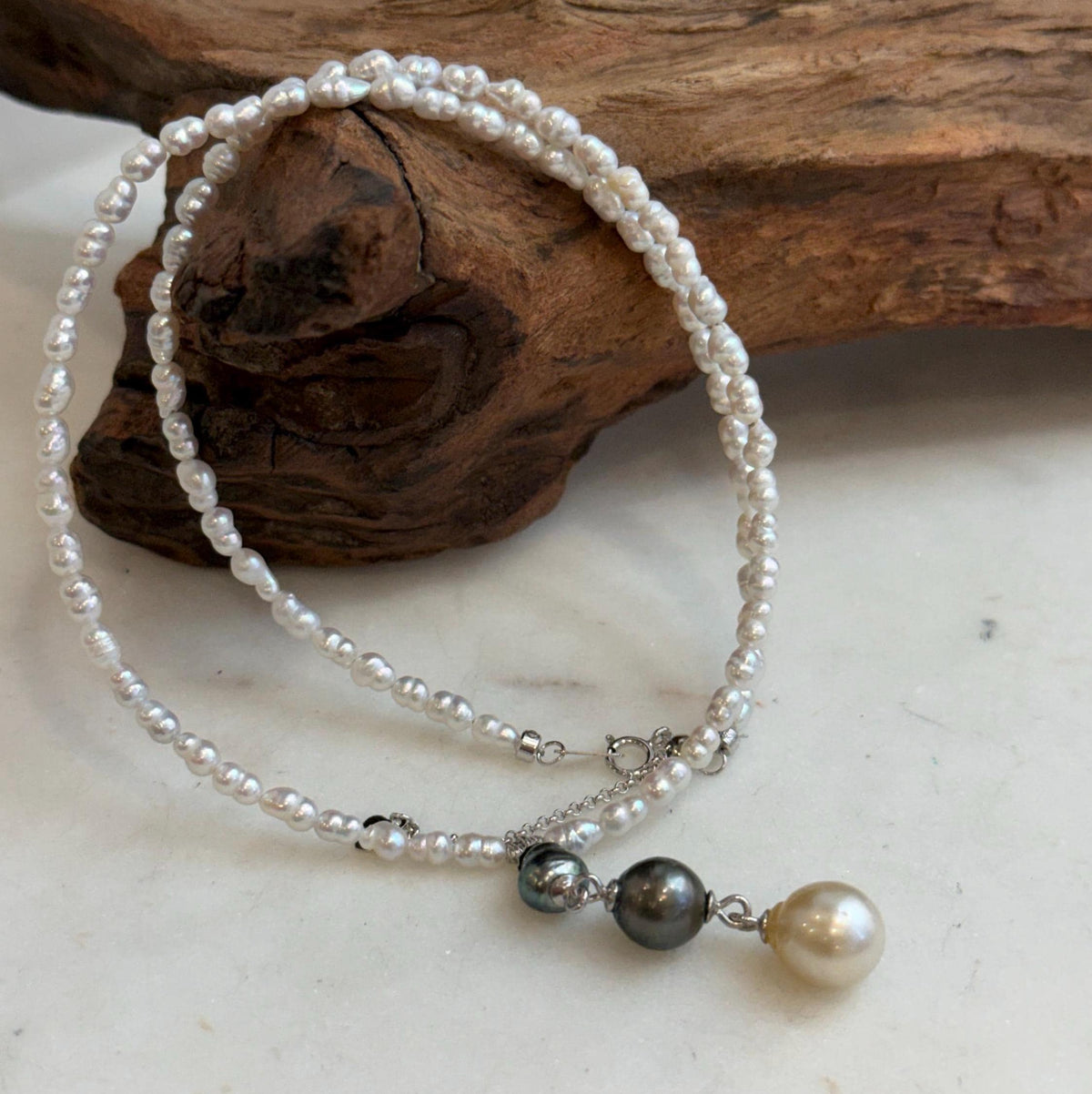 Tahitian Keshi and South Sea golden pearl drop necklace with mini white pearl strand