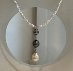 Three pearl drop necklace featuring Tahitian Keshi and South Sea golden pearls