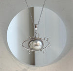 South Sea ocean white baroque pearl evil eye pendant necklace in S925 sterling silver