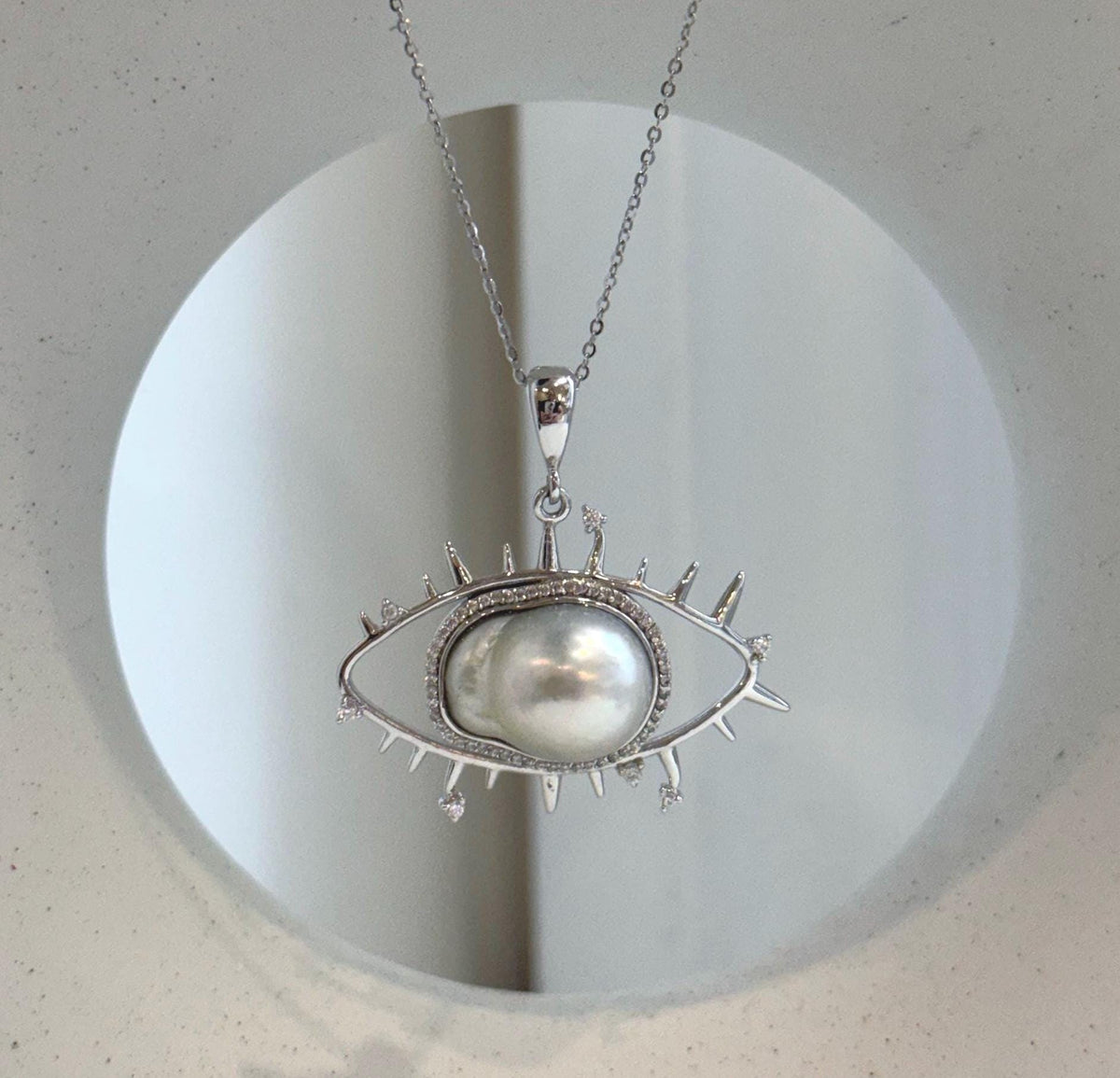 South Sea ocean white baroque pearl evil eye pendant necklace in S925 sterling silver