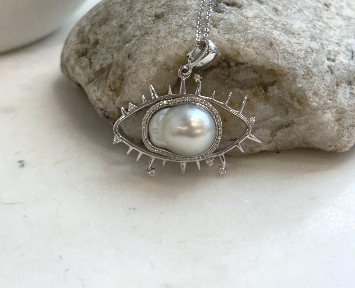 Unique South Sea baroque pearl necklace with modern evil eye design