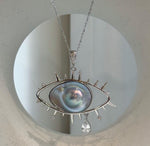 Blue iridescent Ocean Mabe pearl eye pendant necklace in sterling silver