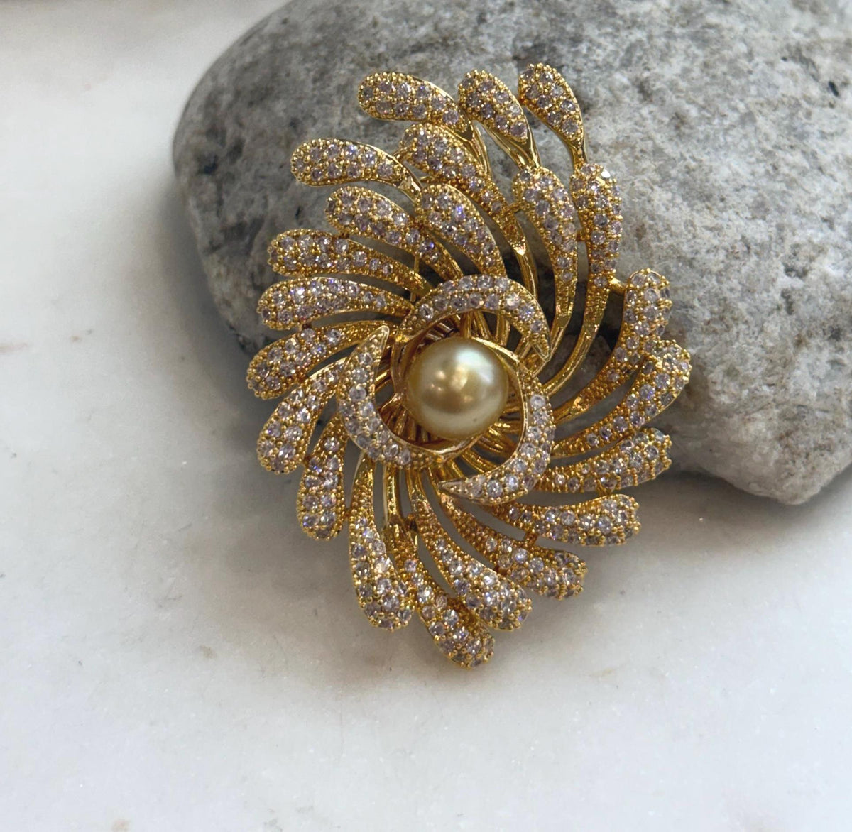 South Sea golden pearl brooch pendant in an elegant black and gold Art Deco design
