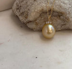 Elegant 18K real gold pendant with a genuine South Sea deep tea gold pearl and sparkling moissanite accents.