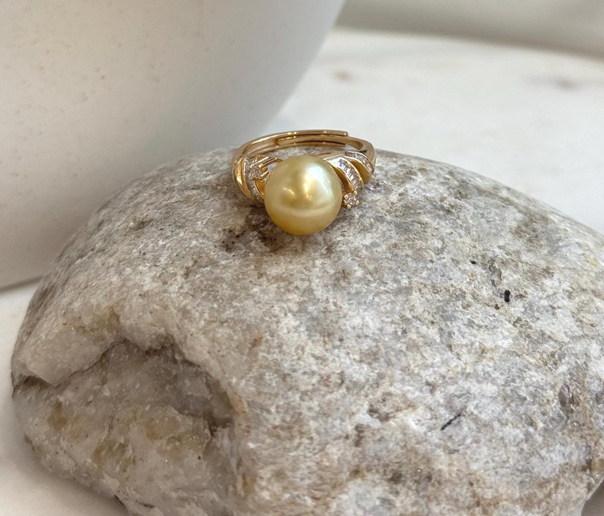 Genuine South Sea golden ocean pearl ring featuring rich deep tea gold color and minimalist adjustable design