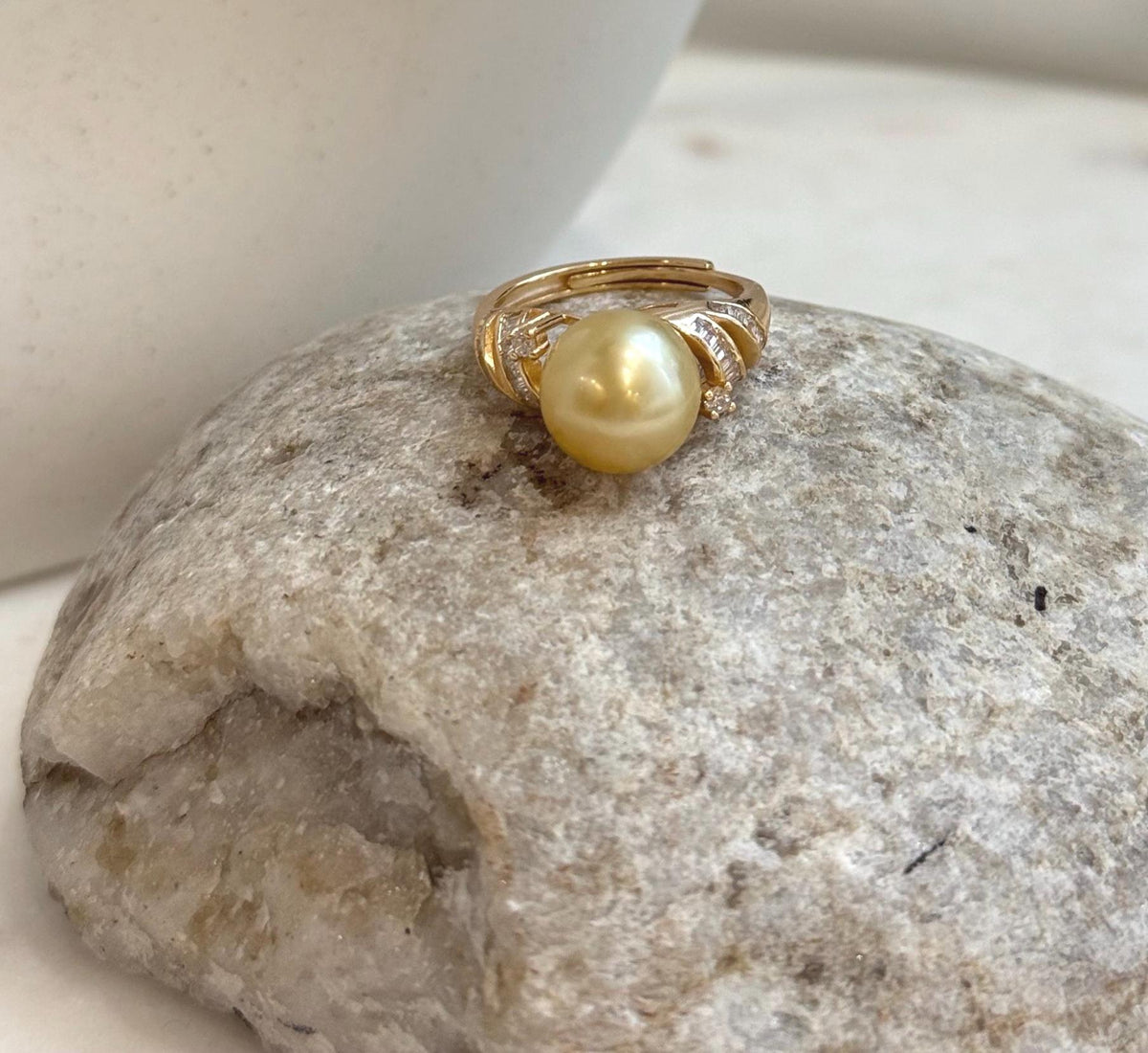 Genuine South Sea ocean pearl ring with rich golden tone and extreme glossy luster