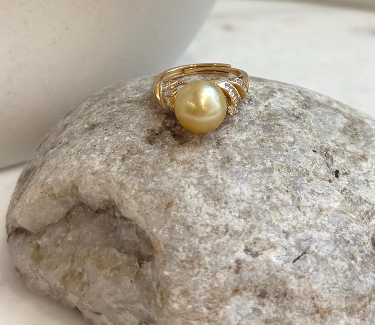 Elegant South Sea pearl ring with deep tea golden color, mirror-like luster and gold plated silver band