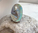 Genuine Mabe pearl ring with luminous silver blue green overtones and artistic statement design